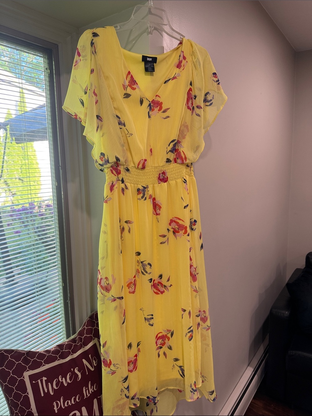 DKNY Yellow Floral Maxi Dress with Red & Pink Blooms sz 12